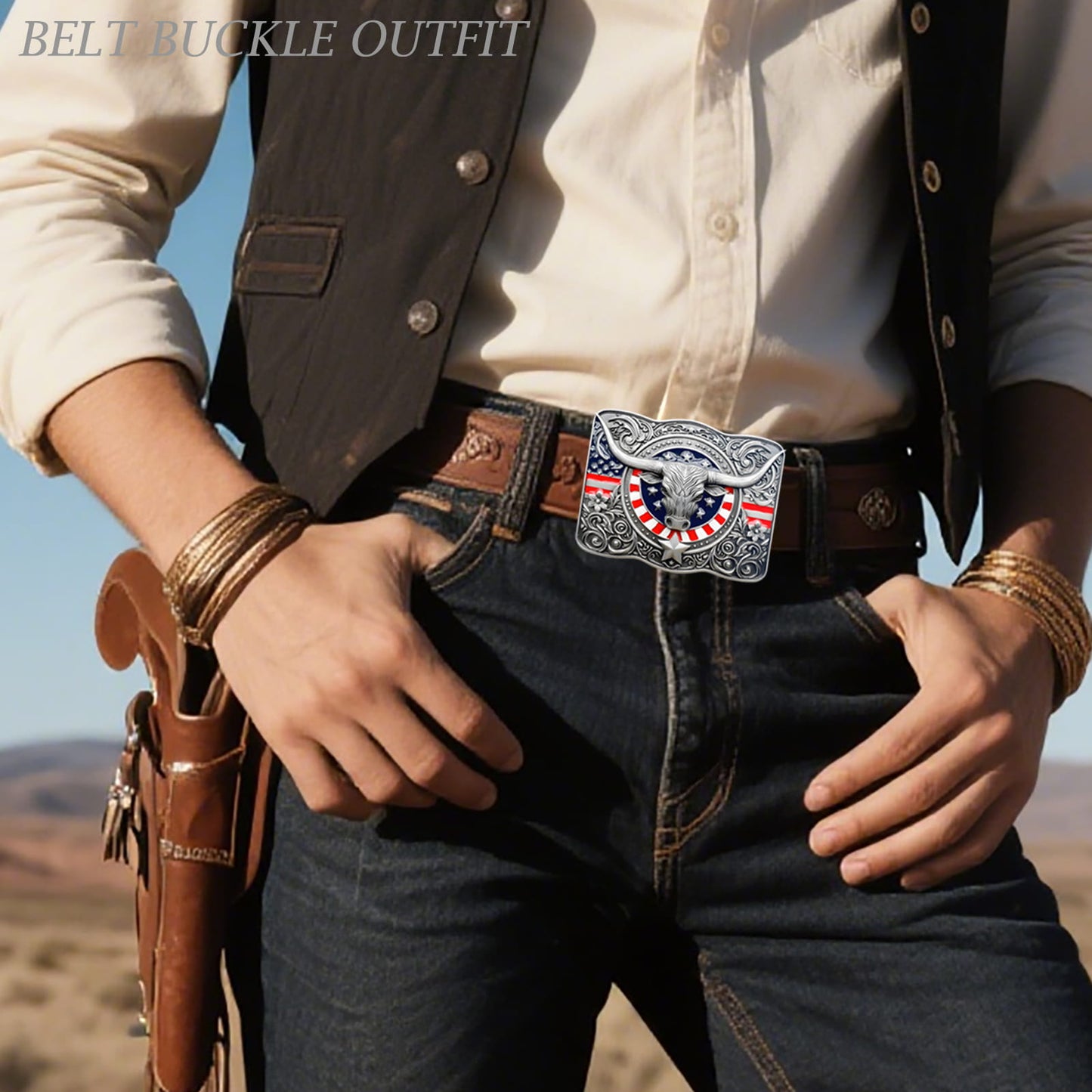 GRAERRY Cowboy Belt Buckle for Men Women Texas Longhorn bull American Flag Western Belt Buckle Gift for Dad Cowgirl Halloween
