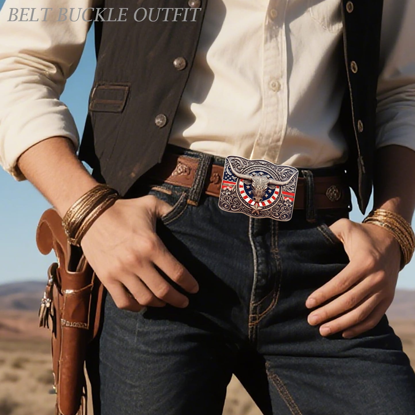 GRAERRY Cowboy Belt Buckle for Men Women Texas Longhorn bull American Flag Western Belt Buckles Gift for Dad Cowgirl Halloween