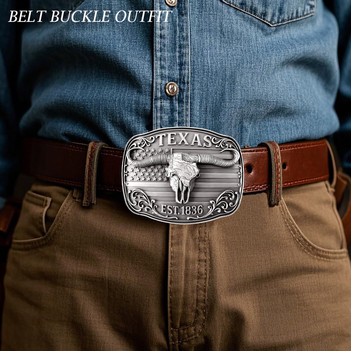 GRAERRY Cowboy Belt Buckle for Men Women Vintage Western Rodeo Texas Map 1836 Longhorn bull Belt Buckle Gift for Dad Cowgirl
