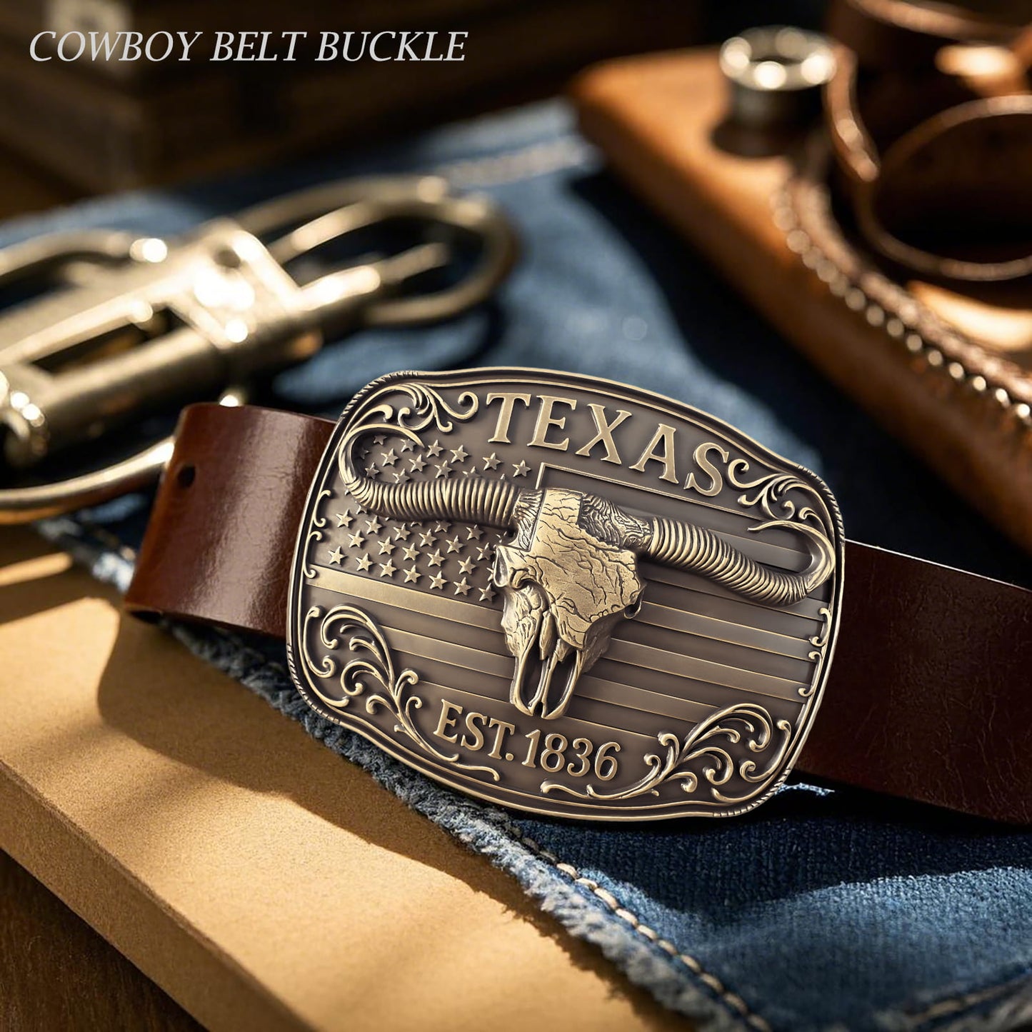 GRAERRY Cowboy Belt Buckle for Men Women Vintage Western Rodeo Texas Map 1836 Longhorn bull Belt Buckle Gift for Dad Cowgirl