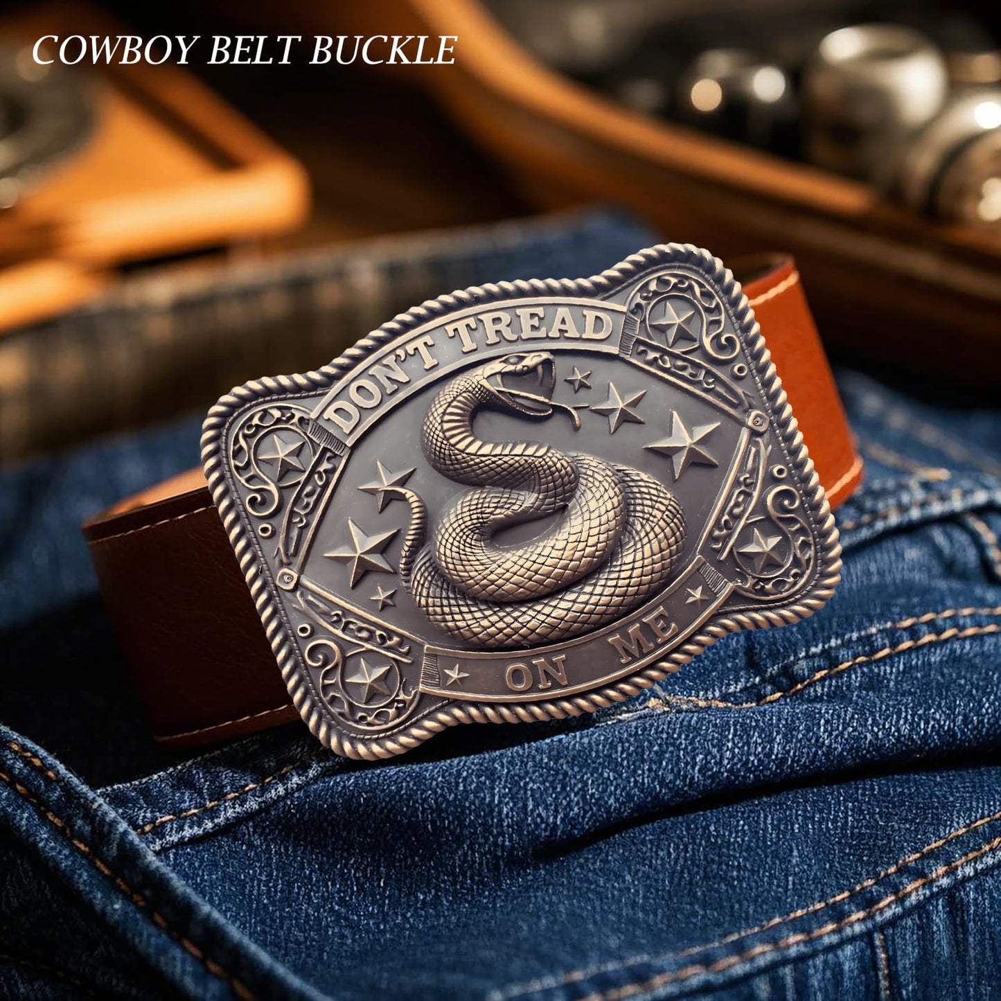 GRAERRY Cowboy Belt Buckle for Men Women Vintage Western Rodeo Don't Tread On Me Rattlesnake Belt Buckle Gift for Dad Cowgirl