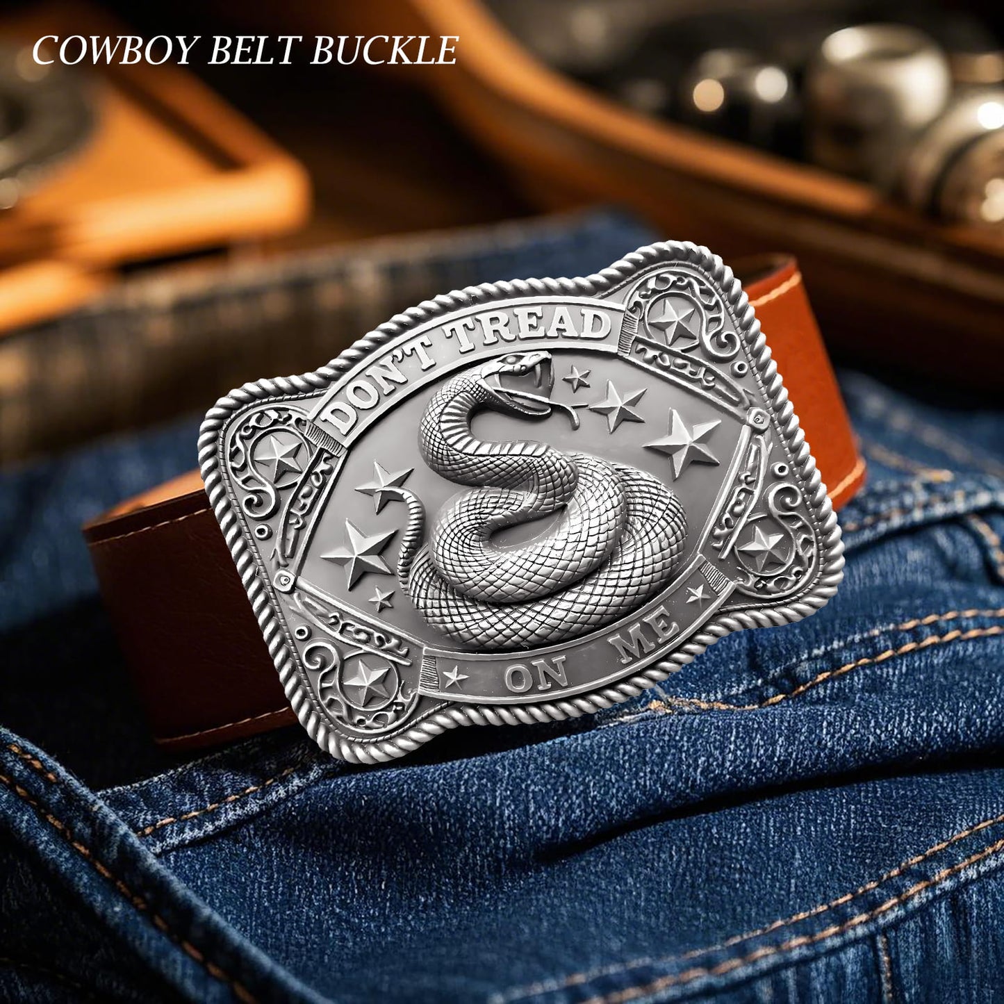 GRAERRY Cowboy Belt Buckle for Men Women Vintage Western Rodeo Don't Tread On Me Rattlesnake Belt Buckle Gift for Dad Cowgirl
