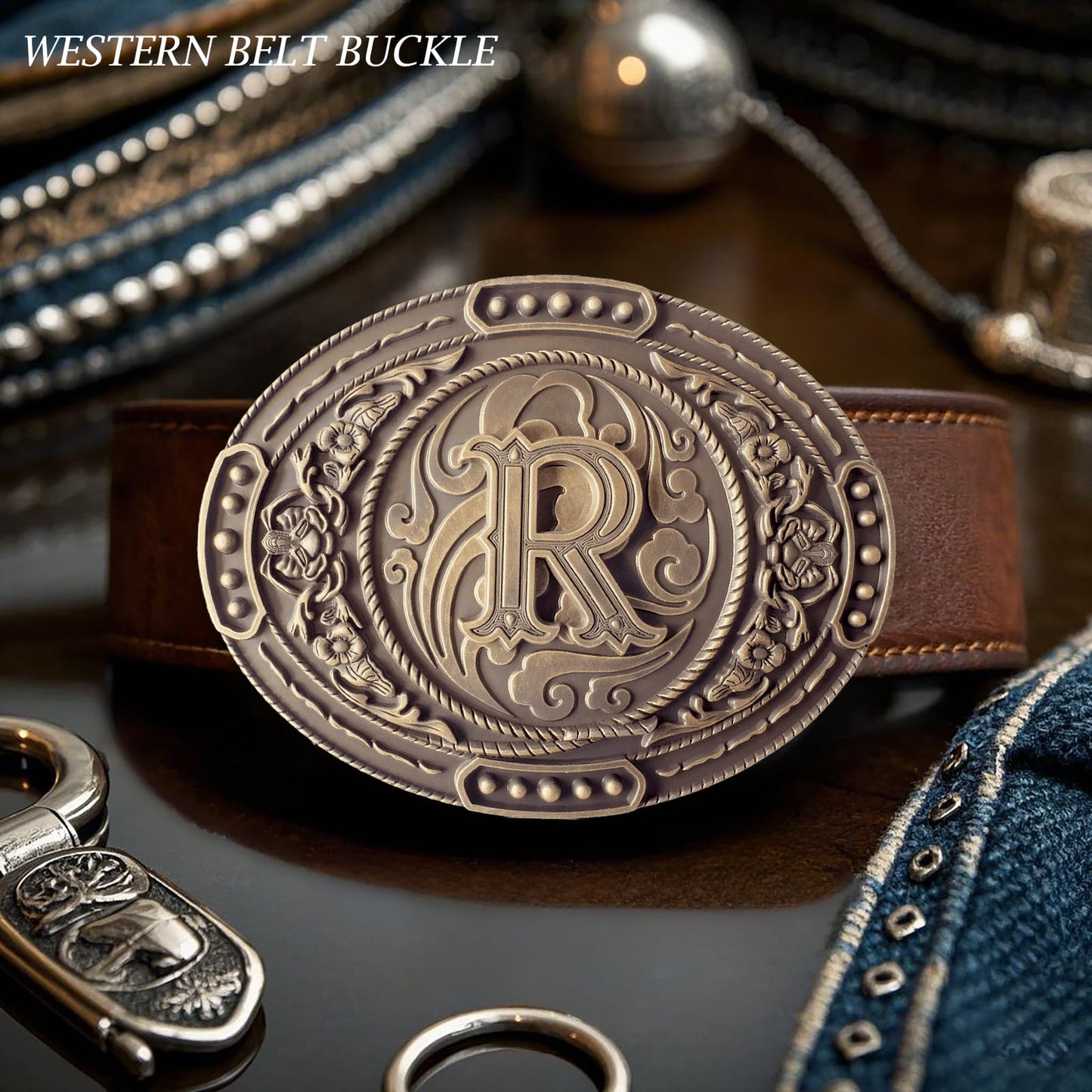 GRAERRY Western Belt Buckle for Men Women Initial Letters ABCDJMR to Z Cowboy Belt Buckle Gift for Dad Cowgirl Halloween