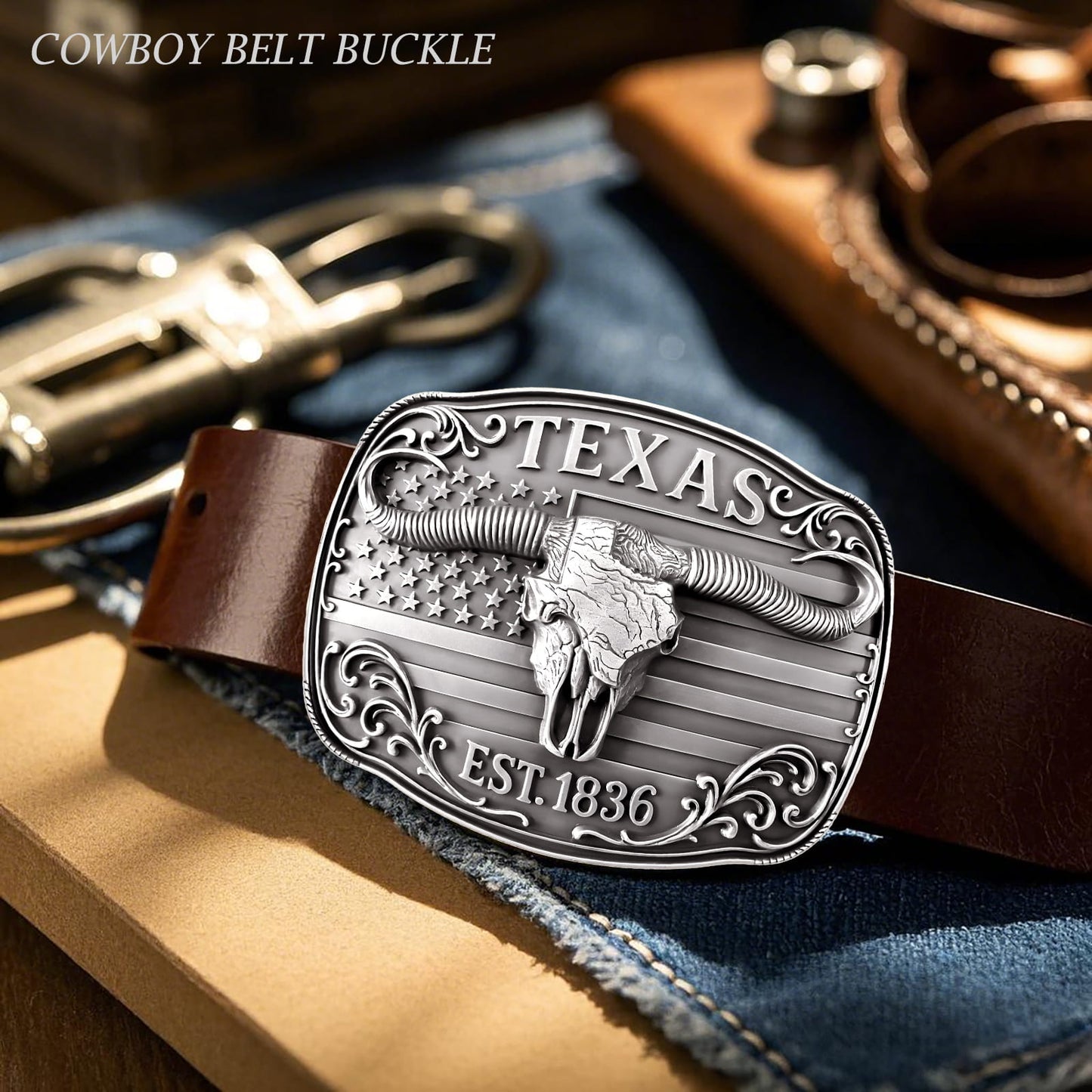 GRAERRY Cowboy Belt Buckle for Men Women Vintage Western Rodeo Texas Map 1836 Longhorn bull Belt Buckle Gift for Dad Cowgirl
