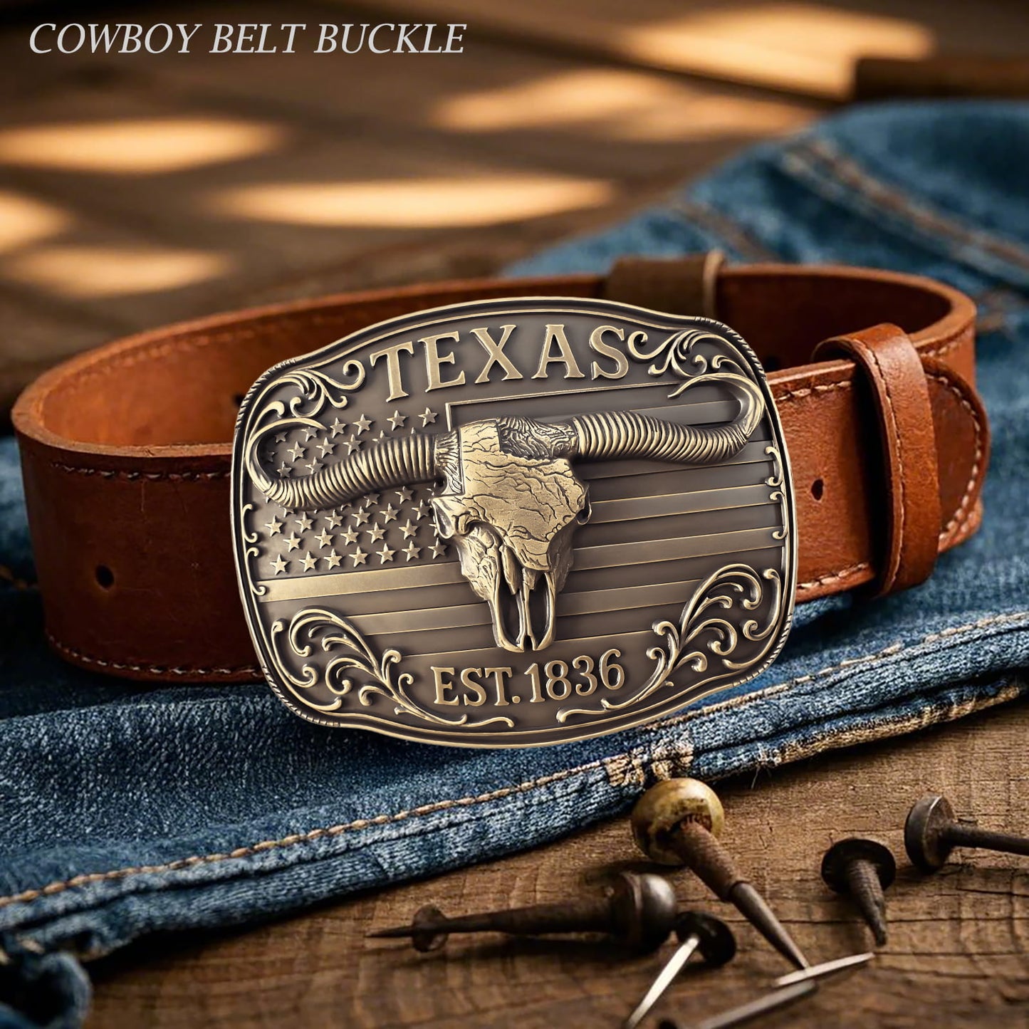 GRAERRY Cowboy Belt Buckle for Men Women Vintage Western Rodeo Texas Map 1836 Longhorn bull Belt Buckle Gift for Dad Cowgirl