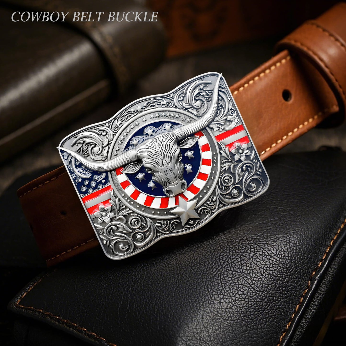 GRAERRY Cowboy Belt Buckle for Men Women Texas Longhorn bull American Flag Western Belt Buckle Gift for Dad Cowgirl Halloween