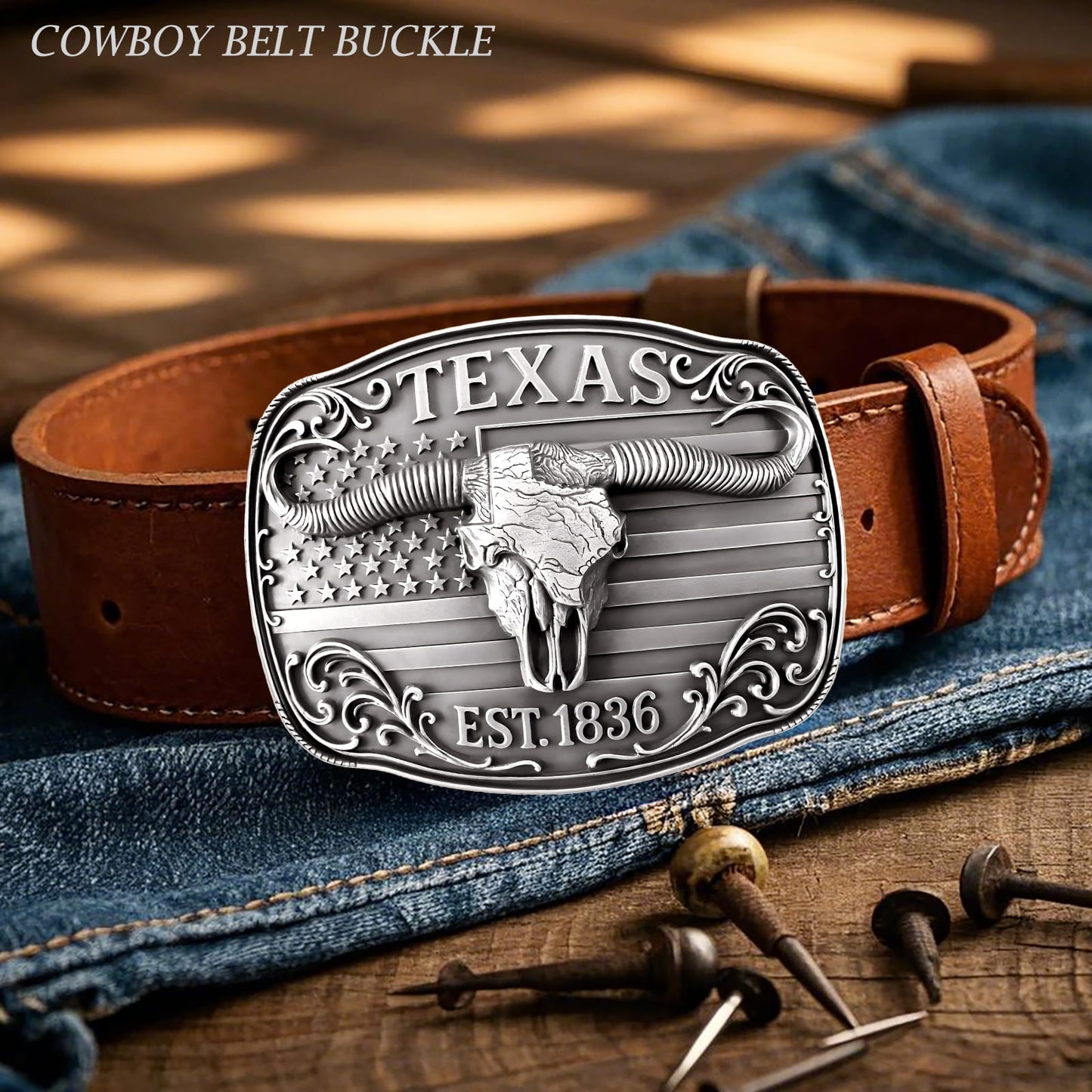 GRAERRY Cowboy Belt Buckle for Men Women Vintage Western Rodeo Texas Map 1836 Longhorn bull Belt Buckle Gift for Dad Cowgirl