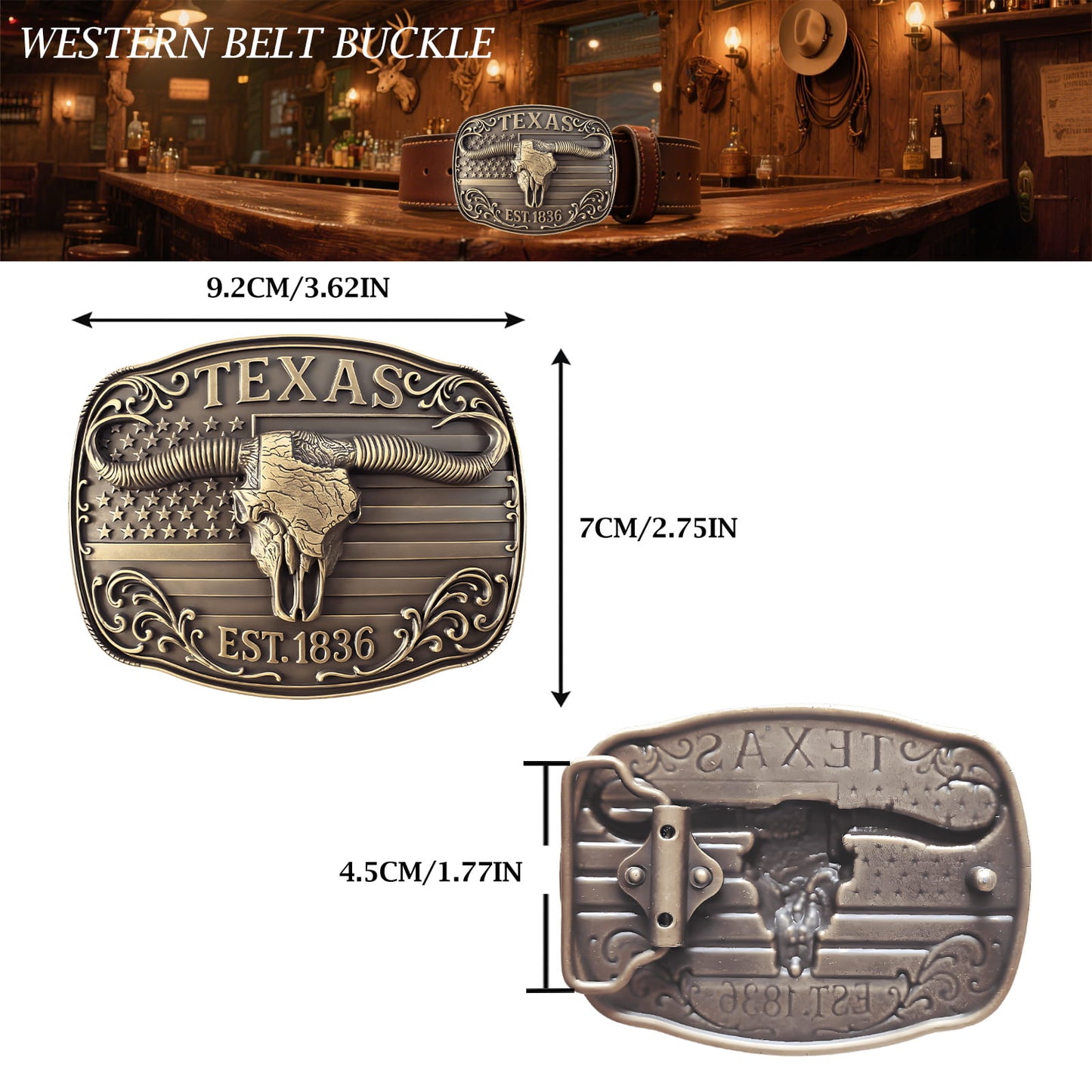 GRAERRY Cowboy Belt Buckle for Men Women Vintage Western Rodeo Texas Map 1836 Longhorn bull Belt Buckle Gift for Dad Cowgirl