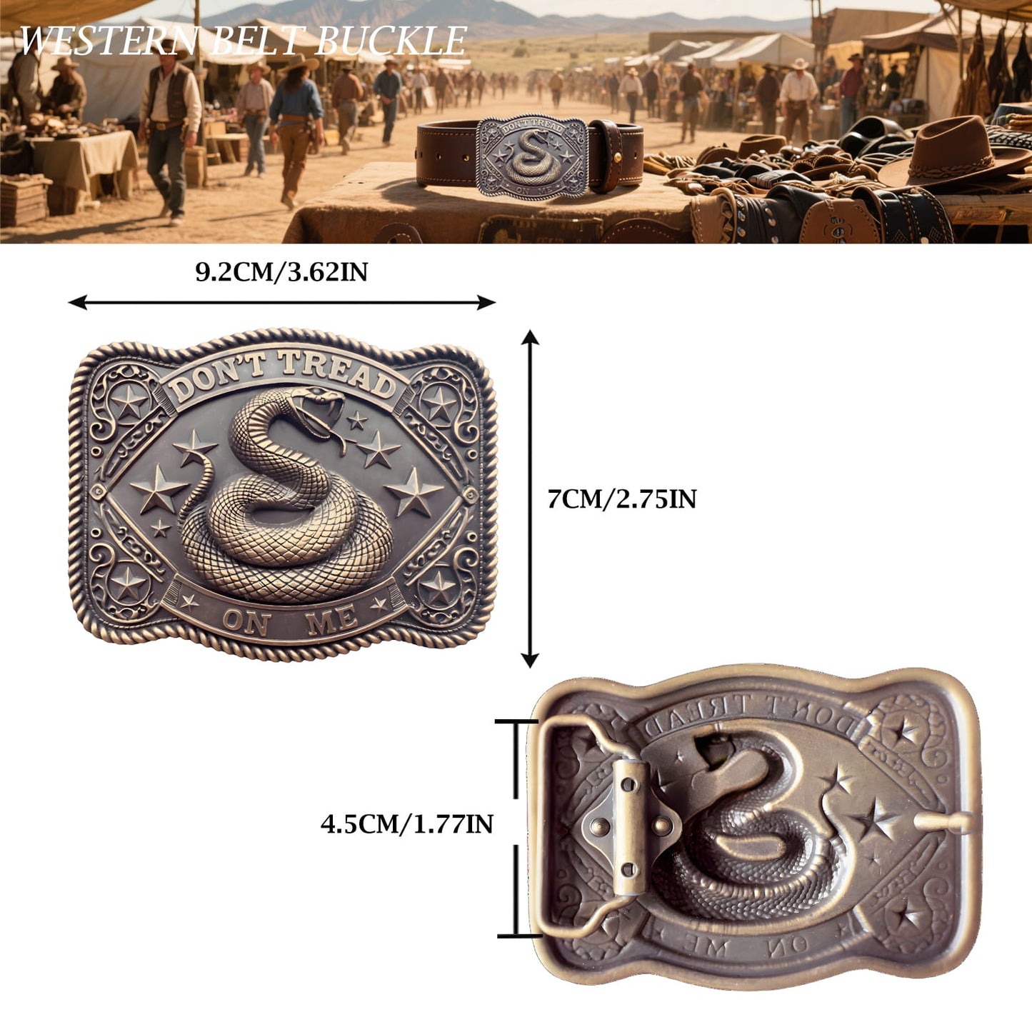 GRAERRY Cowboy Belt Buckle for Men Women Vintage Western Rodeo Don't Tread On Me Rattlesnake Belt Buckle Gift for Dad Cowgirl