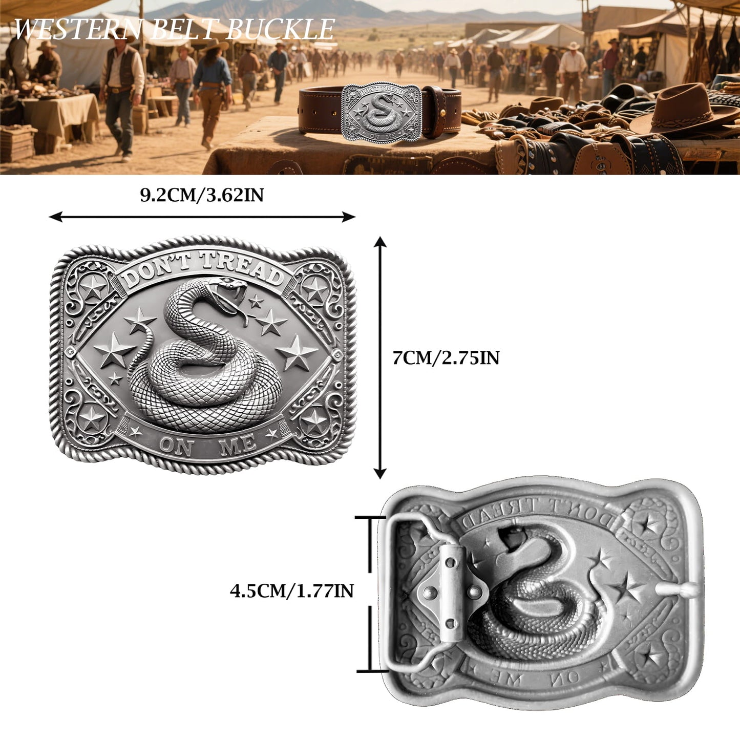 GRAERRY Cowboy Belt Buckle for Men Women Vintage Western Rodeo Don't Tread On Me Rattlesnake Belt Buckle Gift for Dad Cowgirl