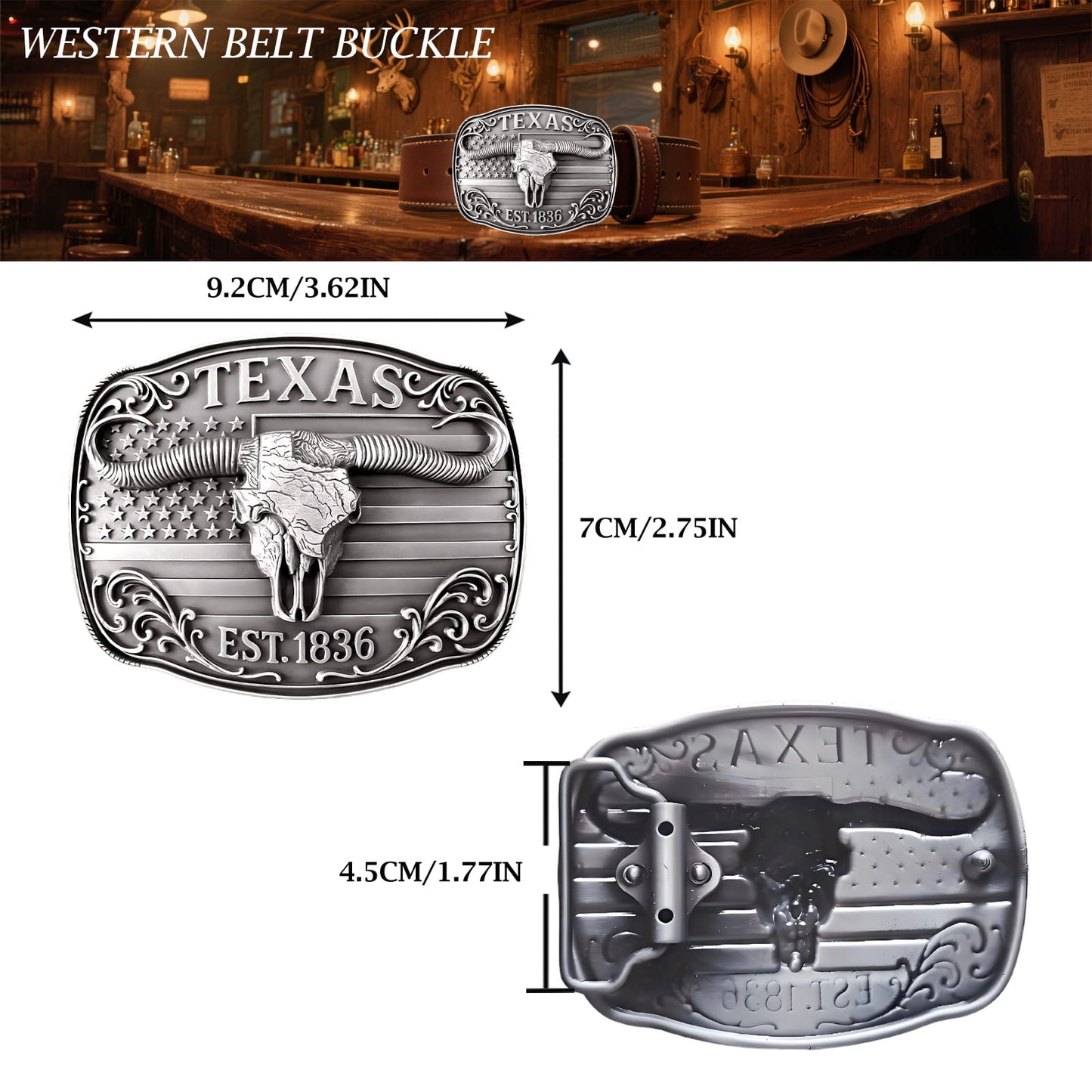 GRAERRY Cowboy Belt Buckle for Men Women Vintage Western Rodeo Texas Map 1836 Longhorn bull Belt Buckle Gift for Dad Cowgirl