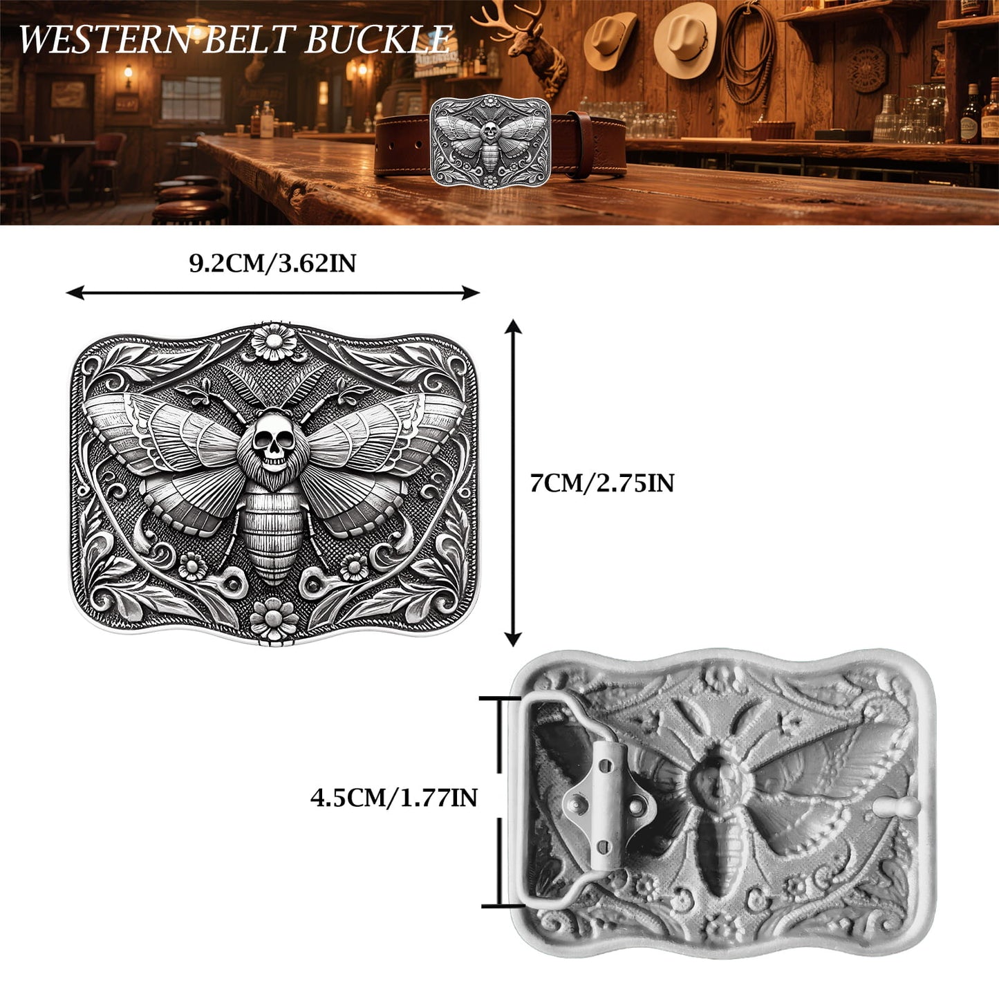 GRAERRY Cowboy Belt Buckle for Men Women Ghost Skull Death Head Moth Western Belt Buckles Gift for Cowboy Cowgirl Halloween