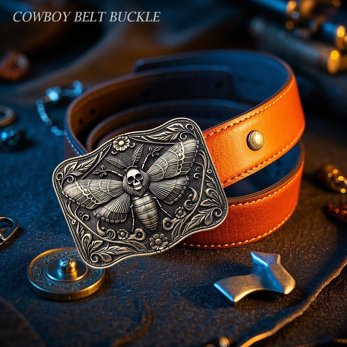 GRAERRY Cowboy Belt Buckle for Men Women Vintage Western Ghost Skull Death Head Moth Belt Buckle Gift for Cowgirl Halloween