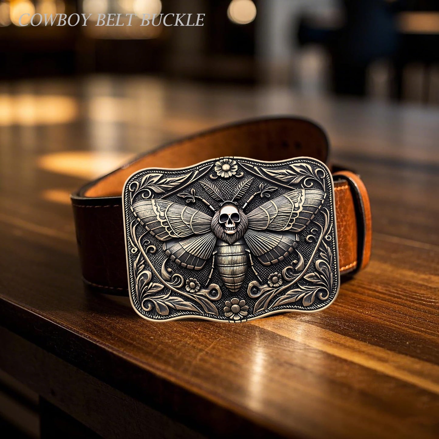 GRAERRY Cowboy Belt Buckle for Men Women Vintage Western Ghost Skull Death Head Moth Belt Buckle Gift for Cowgirl Halloween