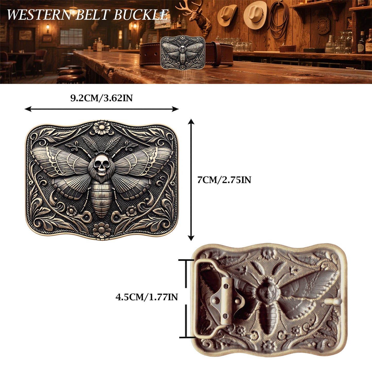 GRAERRY Cowboy Belt Buckle for Men Women Vintage Western Ghost Skull Death Head Moth Belt Buckle Gift for Cowgirl Halloween
